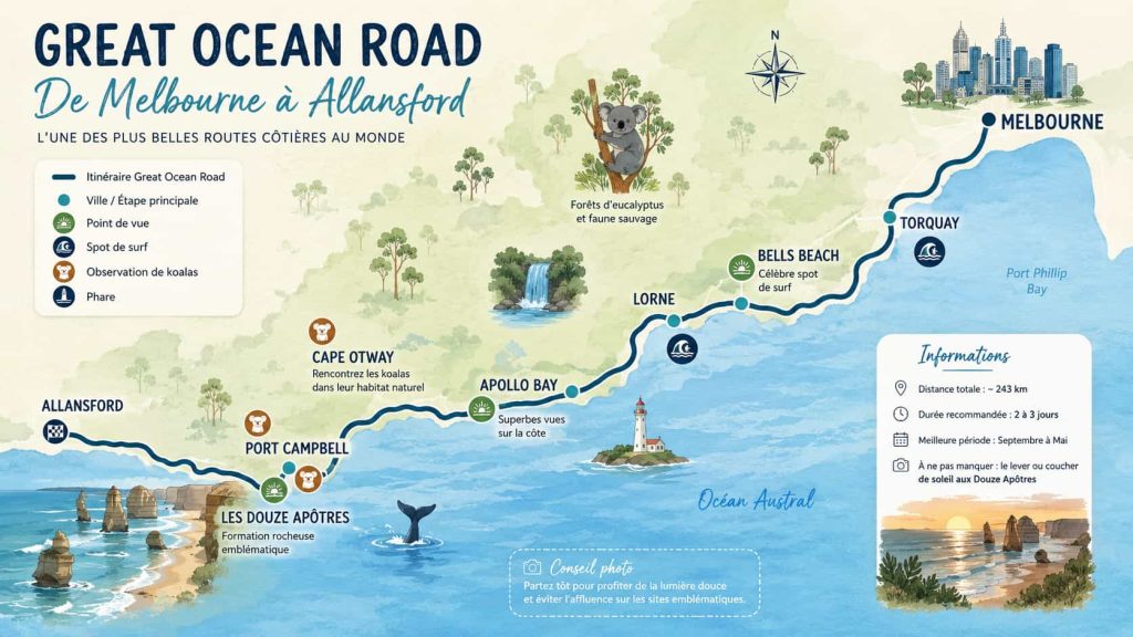 Carte de la Great Ocean Road en Australie montrant l'itinéraire depuis Melbourne jusqu'aux Douze Apôtres en passant par Torquay, Lorne, Apollo Bay, Great Otway National Park et Port Campbell.